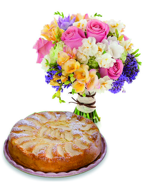 Bouquet Di Fiori Misti E Rose Con Torta Alle Mele A Domicilio